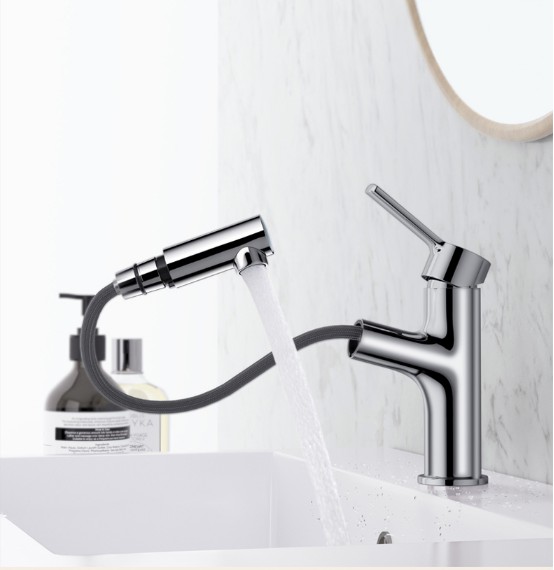 浴室面盆洗臉盆龍頭 360°旋轉(zhuǎn)全方位抽拉水龍頭 冷熱款SML101(配進(jìn)水管)